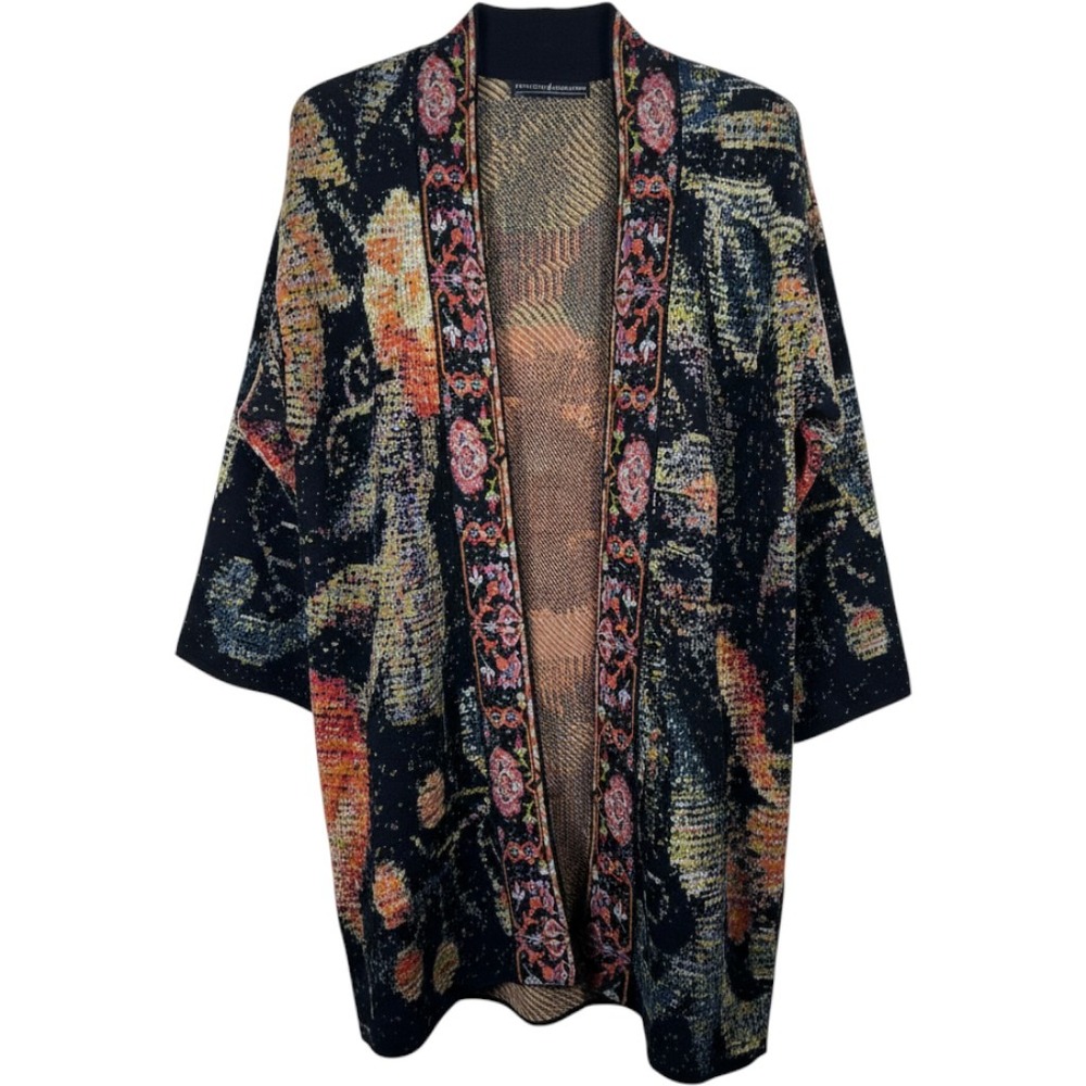 Peruvian Connection Jacquard Floral Open Front Cardigan Topper Black M